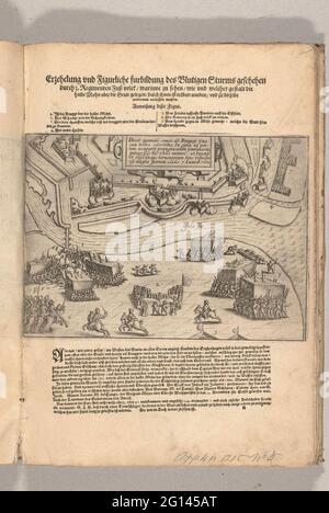 Assedio di Ostenda: Tempesta di Bucquoy il 7 gennaio 1602; Erzehelung und Figurliche Furbildung des Blutigen Sturms Geefhen Durch 3. Regiments Fuß Volck / Warinne zu Sehen / Who und Weller Gestalt That blame Mohn Uber Who wurden Geule / Durch Inhen Eröbert wurden / und Sie Dieselbe Widerumb mues. Assalto le difese di Ostenda da parte delle truppe spagnole sotto il conte di Bucquoy il 7 gennaio 1602. Battaglia in basso a sinistra al Lunet sull'altro lato del fiume Geule, al centro di una cartouche con iscrizione in latino. Sopra il titolo di stampa con dichiarazione delle figure, in fondo alla a Foto Stock