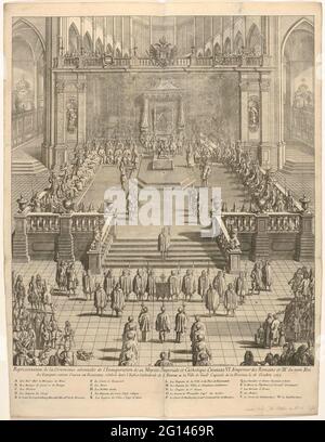 Inaugurazione dell'imperatore Carlo VI come conte delle Fiandre a Gand, 1717; rappresentazione De la Ceremony Solennelle de l'Inauguration de sa Majesté Imperiale et Catholique Charles VI. Emperur des Romains et IIIe du Nom Roi des Espagnes, Comte de Flandres, Celebré Dance l'Eglise Cathedrale de S. Bavon e la Ville de Gand capitale de la Province, LE 18. Ottobre 1717. Cerimonia Inamentale dell'imperatore Carlo VI come conte delle Fiandre nella Sint Bavokerk di Gand il 18 ottobre 1717. Nella didascalia, la dichiarazione delle lettere AV in francese. Foto Stock