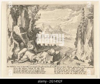 Una donna di pesca annegava con il suo uomo incurabilmente malato in mare; specchio del ortografato, Eerlicke, Cloucke, deuchsame e le donne sagge. Una pescatrice annegava se stessa e suo marito in mare per redimerli dalla sofferenza e dal dolore. La pescatrice giace con la testa su una pietra, sulla schiena in acqua. Suo marito si stende con la schiena sulle gambe e con le gambe contro una roccia. Foto Stock