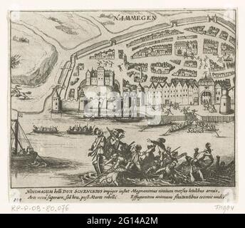 Attacco fallito a Nijmegen, 1589. Fallito attacco a Nijmegen, 10 agosto 1589. Martin Schenck annegato nella Waal. Episodio della guerra di Keulse. Con didascalia di 4 righe in latino. Numerato 199. Stampato sul retro con testo in latino. Foto Stock