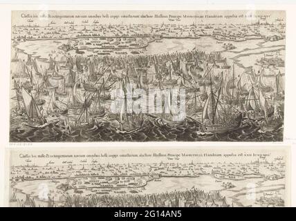 La flotta atterra a Philippine, 1600; Classis BIS Mille & OctingenTarum Navium Omnibus belli Copijs Onustarum Dorpe Illustrism. Principio di Maurizio, in Flandriam Appulsa Est. XXII Junii MVIC .. La flotta che atterra a Filippine. Lo stato dello Stato di Maurits per le Filippine dove gli uomini sono presi a bordo, 22 giugno 1600. Tour di Ostenda dell'Esercito di Stato, 19-27 giugno 1600. Foto Stock