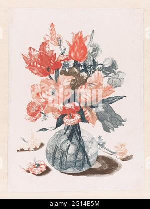 Cinque stampe di fiori in vasi di vetro. Johannes Teyler di Nijmegen fu educato come filosofo e matematico, ma lavorò anche più tardi come ingegnere militare. Ha inventato un metodo per la stampa di impressioni a colori, per il quale ha ricevuto un brevetto nel 1688. I colori dovevano essere applicati manualmente alla piastra di rame per ogni singola impronta. Poiché questo era molto lavoro intenso, il suo processo di stampa a colori trovato poco seguente. Foto Stock