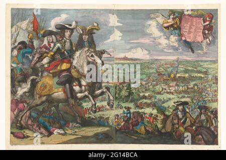 Battaglia di St. Denis, 1678; Bataille St. Denis. Pres de Mons 4/14 Aoust 1678 .. Grande rappresentazione della Battaglia di St. Denis il 14 agosto 1678. Lasciato in primo piano il principe Willem III accanto al duca di Monmouth a cavallo con altri membri del suo staff. Vista del campo di battaglia, in basso a destra del duca di villahermosa. In aria, fame soffiando sta volando sulla sua tromba, in mano una cartouche con la leggenda 1-58 e A-Z in francese. Foto Stock