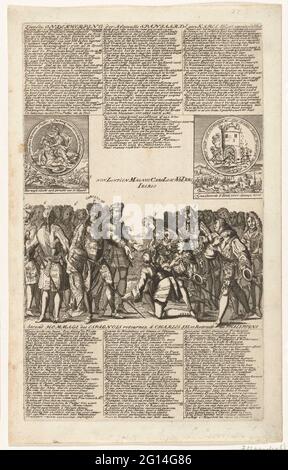 Onorificenze degli spagnoli a Karel III, 1706; SECONDA SELIMAZIONE di AFFACELLE SPANIJDEN [N] a Karel III / secondo Hommage des Espagnols Retournez à Charles III, ET Retraite des Philippins; Royal Almanach dal 1706 / 't Lusthof by Momus. Gli spagnoli (a destra) si inginocchiano e provano all'arciduca Carlo d'Austria (Karel III). Nella top due medaglie in cui Lodewijk XIV è sconfitto dalla regina Anna (Battaglia di Ramillies, 23 maggio 1706) e la morte di Abimelech da parte di una donna (l'apeto di Barcellona, 12 maggio 1706). Nei versetti di targa in olandese e francese. Cartoon sulla situazione nel 1706 in Span Foto Stock