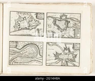 Mappe di Dinant, Maastricht, Bouillon e Mézières, ca. 1702; Dinant / Maegenen / Bouillon / Mezieres; Les Forces de l'Europe, Afrique et Amerique, ou Descrizione des principales Villes avec leurs fortificazioni. Dessignées PAR LES MEILLEURS Engineers, privato Celles qui sont Sous la dominazione de la France (...) Et Ornées i plusieurs Superbes Edifes. Foglia con quattro piani delle difese alle città di Dinant, Maastricht, Bouillon e Mézières. 32 nella foto nel contesto di un totale di 276 targhe numerate di rinomate città forti e fortezze nel cont Foto Stock