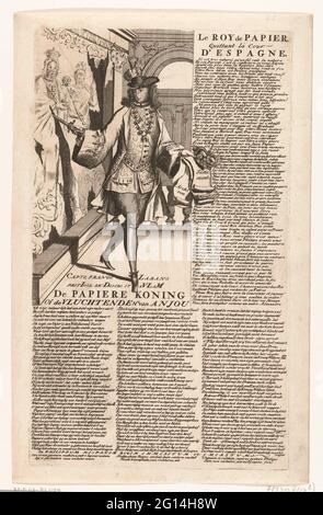 Philip v voli dalla corte spagnola, 1706; il re della carta o il Hg in fuga. Van Anjou / le Roy De Papier, Quittant la Cour d'Espagne; Almanach reale dal 1706 / 't Lusthof di Momus. Filippo V, Duca d'Angiò, Re di Spagna solo su carta, volo dal Palazzo reale spagnolo con l'incoronazione della corona, 1706. Con il pugnale distrugge un arazzo. Nei versetti di targa in olandese e francese. Cartoon sulla situazione nel 1706 nella guerra di successione spagnola. Parte di una serie di cartrenti sui francesi e alleati dall'anno 1706. Foto Stock