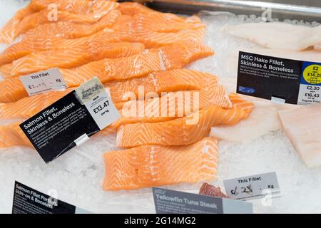 Pesce fresco crudo, filetto di salmone in vendita, taglio pronto, banco Tesco Supermarket Fishmonger, Inghilterra, UK Foto Stock