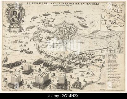 Recupero da la Bassée di Francisco de Melo, 1642; la Reprise de la Ville de la Baszee e Flandres l'Openieke Jour du Mois de maggio 1642. Mappa con il richiamo della città fortificata la Bassée da parte dell'esercito spagnolo sotto il governatore Francisco de Melo il 11 maggio dopo un assedio iniziato il 19 aprile 1642. Centrale alla città fortificata, in primo piano le truppe segmento. In alto a sinistra un ritratto del melo, in alto a destra una scommessa con un biglietto più grande. In basso a destra la Legenda A-X. Foto Stock