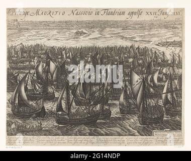 La flotta che atterra a Philippine (pagina a destra), 1600; Ectyoma Classis BIS Mille OctingenTarum Navium Dorpe Illustrissimo principio Mauritio Nassovio in Flandriam Appulsae. XXII. JUNY. M.vi.c .. La flotta che atterra a Filippine. Maurits flotta statale per Filippine dove gli uomini sono presi a bordo, 22 giugno 1600. Tour di Ostenda dell'Esercito di Stato, 19-27 giugno 1600. In basso a destra di una cartouche con i nomi dell'inventore e dell'editore. Con didascalia di 6 versi di 3 righe in latino ciascuno. Metà destra di uno spettacolo su 2 fogli. Foto Stock