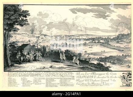 Vista dell'assedio dei nomi (metà sinistra), 1695; Veue e prospettiva de la Ville et citadelle de namur avecq Tous les Forts Circonvoisins de la Wisee Qu'ils DE esteest 'Assiegez et empportes le pr. Il settembre 1695 par l'Armeë des Alliez Commandeë PAR LES TRES SER.MES. Principi Guillaume III (...) e Massimiliano Emanuele Ducq et electeur de Baviere. Leer metà di un grande spettacolo in due parti dell'assedio di nomi nel 1695 da parte degli Alleati sotto il re Guglielmo III e il Keurvorst di Baviera. In primo piano a sinistra i comandanti di una tenda dell'esercito. Nella didascalia l'assegnazione e la legenda A-Z e. Foto Stock