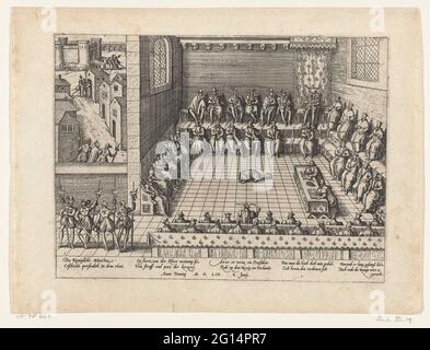 Anne du Bourg difende i protestanti in parlamento, 1559; Serie 3: Guerre religiose francesi, 1559-1573. Anne du Bourg difende i protestanti in Parlamento alla presenza del re Enrico II, 10 giugno 1559. Con didascalia di 10 regole in tedesco. Numerato: 1. Foglia da un album che è stato smantellato. Foto Stock