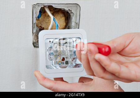 Sostituendo o riparando l'interruttore delle luci interne, l'elettricista installa l'apparecchio e collega i cavi elettrici alla scatola. Foto Stock