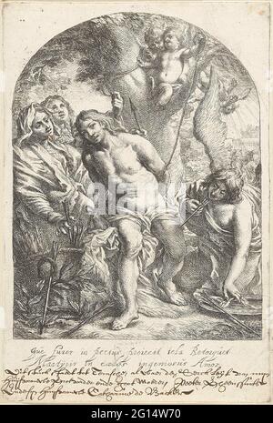 H. Sebastiaan. San Sebastiaan è legato ad un albero con le braccia. Una freccia pierces la gamba. Oltre a lui due persone e un cesto con frecce, d'altra parte un angelo che si prende cura delle sue ferite. Sotto la mostra due linee latine e un'iscrizione olandese in tre regole. Foto Stock