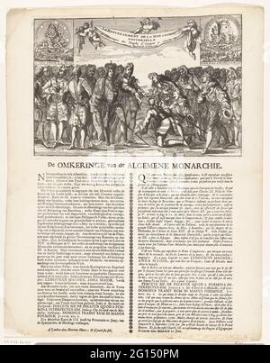 Onorificenze degli spagnoli a Karel III, 1706; inversione della monarchia generale / le Reneverement de la Monarchie Universelle; Almanach reale dal 1701 / 't Lusthof da Momus. Gli spagnoli (a destra) si inginocchiano e provano all'arciduca Carlo d'Austria (Karel III). Nella top due medaglie in cui Lodewijk XIV è sconfitto dalla regina Anna (Battaglia di Ramillies, 23 maggio 1706) e la morte di Abimelech da parte di una donna (l'apeto di Barcellona, 12 maggio 1706). Sulla pagina sotto la targa una descrizione degli eventi in olandese e francese. Parte di una serie di 19 cartoni animati sul francese e alleati dal 1 ° anno Foto Stock