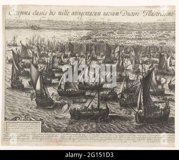 La flotta che atterra a Philippine (Left Sheet), 1600; Ectyoma Classis BIS Mille OctingenTarum Navium Dorpe Illustrissimo principio Mauritio Nassovio in Flandriam Appulsae. XXII. JUNY. M.vi.c .. La flotta che atterra a Filippine. La flotta statale di Maurits per le Filippine dove gli uomini sono presi a bordo, 22 giugno 1600. Tour di Ostenda dell'Esercito di Stato, 19-27 giugno 1600. In basso a sinistra una cartouche con l'assegnazione al principe Maurits. Con didascalia di 6 versi di 3 righe in latino ciascuno. Leer metà di uno spettacolo su 2 fogli. Foto Stock