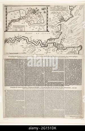 Mappa della foce del Tamigi con il viaggio a Chatham, 1667; figura perfetta del fiume di Londra con 't Dierover van' t Eylandt Schapei (...); immagine dei fiumi di Londra e Chattam o Rochester, con la baia di Harwits, e tutti i Plauten daer fuggiti (...); PourTrict des rivieres de Londres, Chattam ou Rochester; De la Rade De Harwits, & The Toutes Les Places des environs (...). Mappa della foce del Tamigi su cui il viaggio a Chatham è indicato dalla flotta statale sotto Admiraal de Ruyter, 20-23 giugno 1667. In alto a sinistra una scommessa con un biglietto dettagliato dalla foce del fiume Medway e l'islan Foto Stock