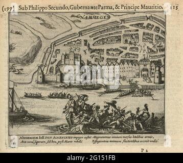 Attacco fallito a Nijmegen, 1589. Fallito attacco a Nijmegen, 10 agosto 1589. Martin Schenck annegato nella Waal. Episodio della guerra di Keulse. Con didascalia di 4 righe in latino. Numerato 199. Stampato sul retro con testo in latino. Foto Stock