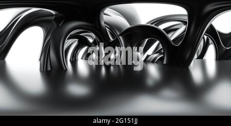 vista panoramica completa 360 di un ambiente geometrico e rotondo dalle forme organiche scure e futuristiche, rappresentazione 3d dello stile hdri hdr vr Foto Stock