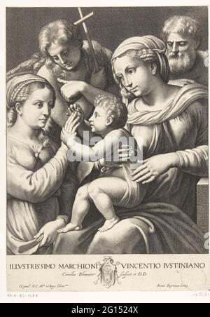 Matrimonio di Santa Catharina. Maria tiene il Cristo bambino. Il bambino esamina un po 'sulla Santa Catharina di Alessandria un anello per far scorrere il suo dito. In questo mistico matrimonio, Giuseppe ed Anna, è presente anche la madre di Maria. Foto Stock