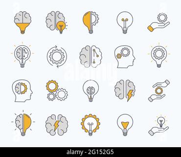 Insieme di icone di brainstorming. Luce artificiale, cervello, lampadina, creativo, sviluppo, conoscenza, brainstorming, soluzione di brainstorming. Illustrazione vettoriale Illustrazione Vettoriale