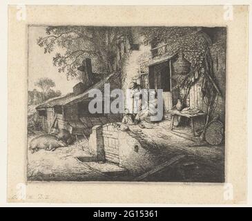 Donna che gira di fronte a una casa; il ragno. Nel cortile di fronte alla porta di una casa, una donna sta girando, accanto a lei è un uomo con una mano pugnalata nella sua camicia. Un bambino gioca a terra. Per una stalla, due maiali stanno riposando e contro la facciata della casa ci sono tutti i tipi di attributi domestici come una scopa e un cesto di vimini. Foto Stock