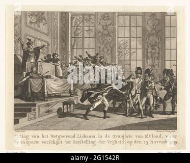 MPS del Consiglio di amministrazione di cinquecento caduta Napoleone durante il suo colpo di stato il 10 novembre 1799 nell'Orangerie di Versailles; sede dell'ente linguistico, nell'Orangerie di St. Cloud, dove Buonaparte sembra riparare la libertà, il 19 novembre. 1799. MPS del cinquecento Concilio cadono in Napoleone durante il suo colpo di stato il 10 novembre 1799 nell'Orangerie di Versailles. Le sue guardie del corpo lo proteggono dagli attacchi con pugnali. La didascalia contiene una serie di errori, la posizione e la data non vengono interpretate correttamente. Foto Stock