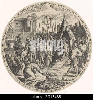 La generosità di scipio. Dopo la vittoria su New Cartagine, il generale romano Scipio riceve in dono una Vergine spagnola. Scipio è nella sua tenda per le mura della città di Cartagine. L'esercito è dietro la tenda. Poiché uno scipio appartiene al fatto che la vergine è impegnata, la restituisce al suo futuro sposo. Lo sposo e la vergine ginocchia grazie per scipio. A sinistra accanto alla tenda i genitori della ragazza. Foto Stock