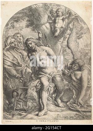 H. Sebastiaan; S. Sebastianvs. San Sebastiaan è legato ad un albero con le braccia. Una freccia pierces la gamba. Oltre a lui due persone e un cesto con frecce, d'altra parte un angelo che si prende cura delle sue ferite. Foto Stock