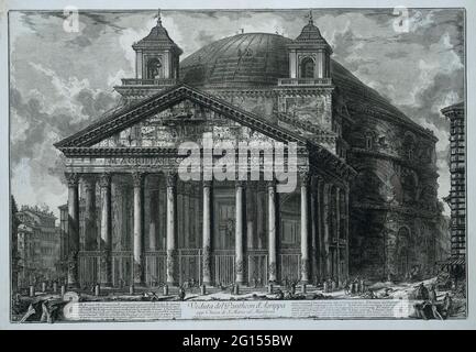 Pantheon te Roma; veduta del Pantheon d'Agrippa oggi Chiesa di S. Maria ad Martyres; Gezichten op Roma; vedute di Roma disegnate e incise dall'architetto Giambattista Piranesi VE (Nez) iano. Gezicht op Het Pantheon te Roma. Titel en tekst Op Banderol Midden Onder. Foto Stock