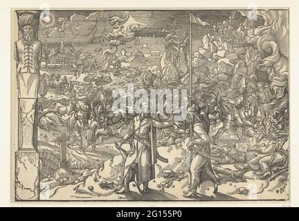 Soldati intorno a un falò; morale e abitudini dei turchi. Primo blocco di quattordici, insieme formano un fregio di sette immagini con la morale e le abitudini dei turchi. Rappresentazione notturna dei soldati intorno ai falò e al tallone di cavallo. Sulla sinistra si trova un atlante. Foto Stock