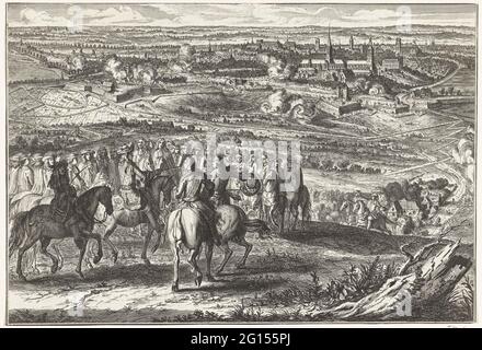 Assedio da Gand da parte dei francesi, 1678. Assedio della città di Gand da parte dell'esercito francese sotto il re Luigi XIV La città fu presa il 9 marzo 1678. In primo piano il re in cavalli tra il suo bastone, a distanza Gand. Foto Stock