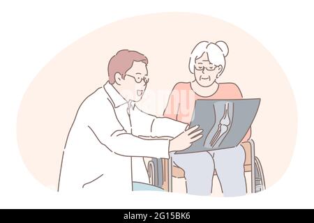 Comunicazione tra medico e paziente, medicare, lesione, artrite concetto. Personaggi positivi del fumetto del medico dell'uomo che mostrano la paziente anziana in sedia a rotelle raggi X della sua articolazione ferita durante la visita Illustrazione Vettoriale