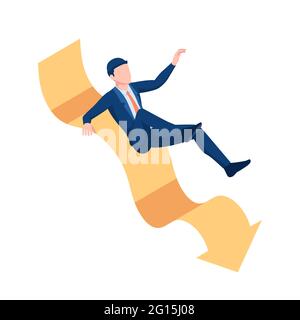 Uomo d'affari isometrico 3d piatto che scivola su Falling Graph. Concetto di crisi aziendale. Illustrazione Vettoriale