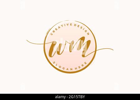 WM Handwriting logo con cerchio modello vettore firma, matrimonio, moda, floreale e botanico con modello creativo. Illustrazione Vettoriale