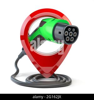 Posizione del punto di ricarica dell'auto elettrica. Spina di alimentazione caricabatteria per auto con pin isolato su bianco. figura 3d Foto Stock