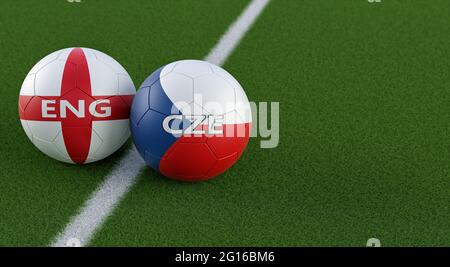 Partita di calcio tra Inghilterra e Repubblica Ceca - palle in pelle in Inghilterra e Repubblica Ceca colori nazionali su un campo di calcio. Spazio di copia sul lato destro Foto Stock