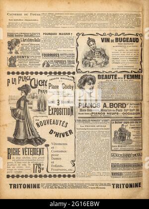 Sfondo carta usato. Pagina del vecchio giornale con pubblicità vintage Foto Stock