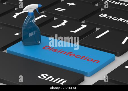 spray disinfettante sulla tastiera. illustrazione 3d Foto Stock