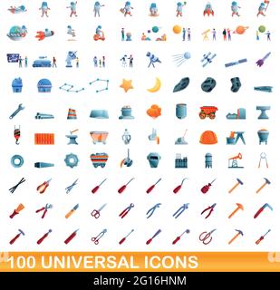 100 universal set di icone. Cartoon illustrazione di 100 icone universali set di vettore isolato su sfondo bianco Illustrazione Vettoriale