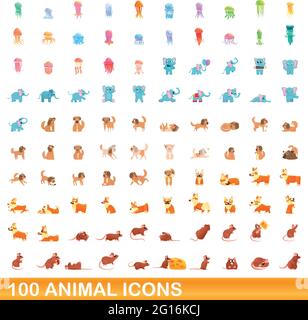 100 animali set di icone. Cartoon illustrazione di 100 icone animale set vettore isolato su sfondo bianco Illustrazione Vettoriale