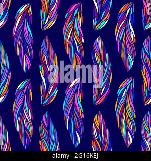 Colorate piume esotiche di uccelli tropicali, motivo vettoriale senza giunture. Diverse immagini vettoriali di piume multicolore, stile boho. Sfondo blu marino. Illustrazione Vettoriale