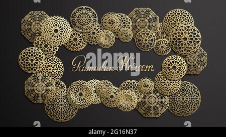 Scritta Ramadan Kareem Gold. Modello rotondo islamico in stile arabo su sfondo nero. Illustrazione vettoriale. Illustrazione Vettoriale