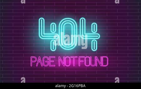Sito web crash retro neon. Pagina non trovata lettere al neon sulla parete in mattoni. 404 pagina di errore in stile retrò. Illustrazione Vettoriale