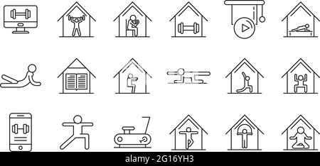 Set di icone per allenamento domestico, stile contorno Illustrazione Vettoriale