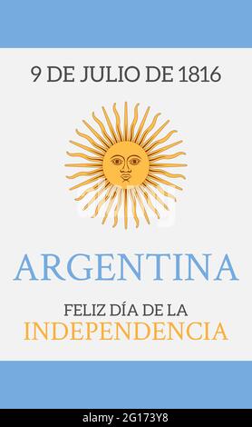 Modello e testo del biglietto d'auguri per il giorno dell'indipendenza dell'Argentina in spagnolo Feliz dia de la Independencia. Traduzione: Argentina felice giorno di indipendenza Illustrazione Vettoriale