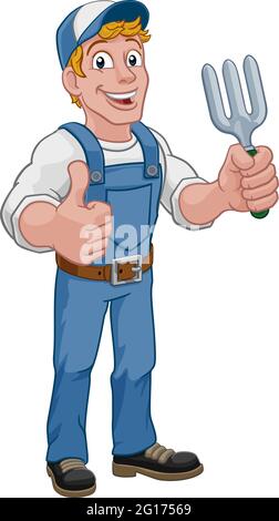 Giardiniere Giardino attrezzo forcella tuttofare Cartoon uomo Illustrazione Vettoriale
