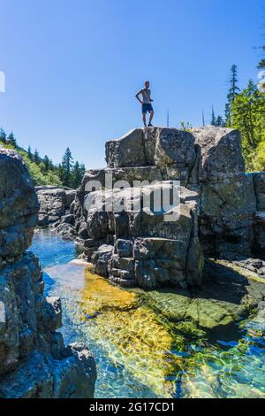 Area di salto con le scogliere lungo l'autostrada pacific Rim, British Columbia, Canada 2016 Foto Stock