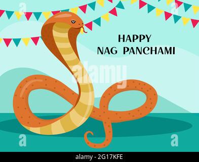 Happy Nag Panchami biglietto d'auguri con re cobra. Snake Festival in India. Illustrazione vettoriale Illustrazione Vettoriale