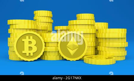 Pile di monete d'oro criptovalute, Bitcoins, Ethereum e sfondo blu. Rappresentazione del suo valore. Illustrazione tridimensionale. Foto Stock