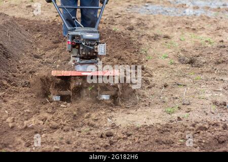 Un coltivatore, un uomo aratura la terra con un coltivatore, prepara la terra per piantare patate e altre colture Foto Stock